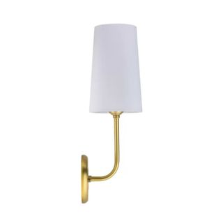 A wall sconce with a gold base and a white lampshade