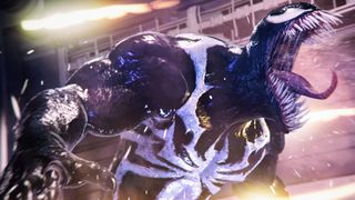Eine Nahaufnahme von Venom, wie der Symbiot brüllt