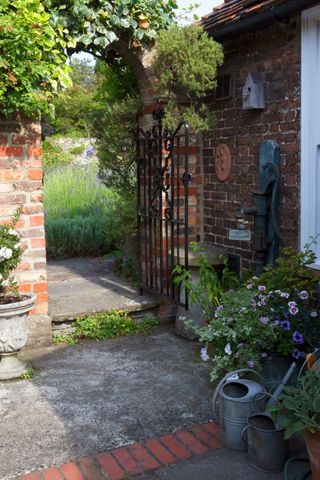 gate into cottage garden with bird house and rambling ivy