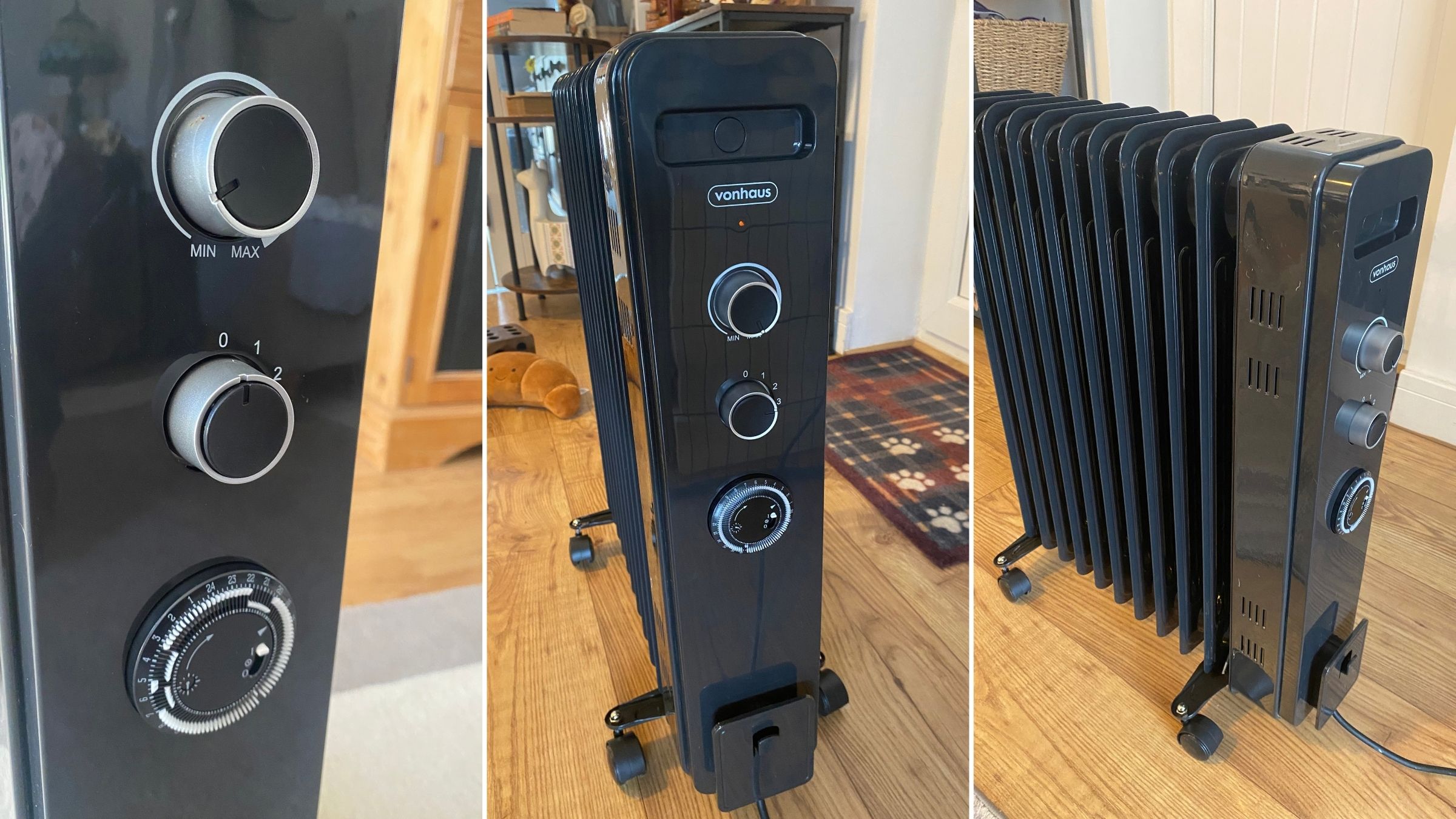 Spliced imaged showing the Vonhaus 2500W 11 fin oil-filled radiator being used in my home