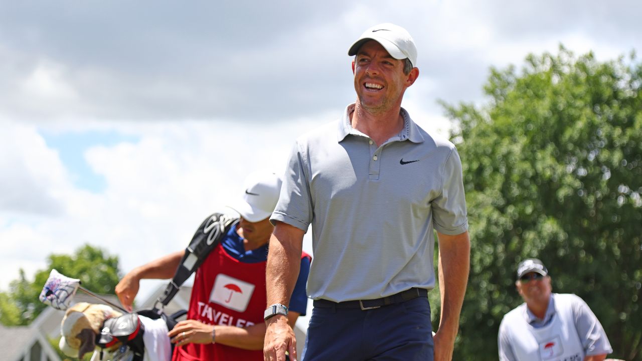 Rory McIlroy smiling during round one of the 2022 Travelers Championship