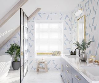 bathroom with white faux wooden venetian blind, large shower screen, pale blue and white tiiles and a long double vanity unit