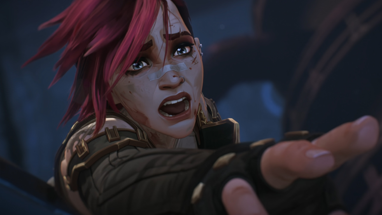 Vi shouting and reaching out her right hand in Arcane season 2