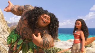 The magical demigod Maui sings to Moana on a sunny beach