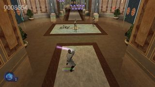 Still from the video game 'Star Wars: Episode I: Jedi Power Battles.' A Jedi wielding a purple lightsaber is fending off attacks from several attacking droids. They are fighting inside a very ornate and fancy looking grand hall.