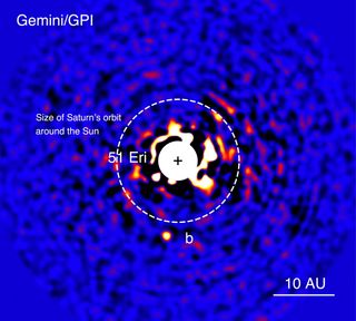 This image of the Jupiter-like exoplanet 51 Eridani b was taken in near-infrared light with the Gemini Planet Imager Dec. 21, 2014, revealing the planet for the first time. The bright central star has been mostly removed to enable the detection of the million-times fainter planet.