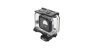 A GoPro Super Suit – a clear plastic housing with black clamp - on a white background