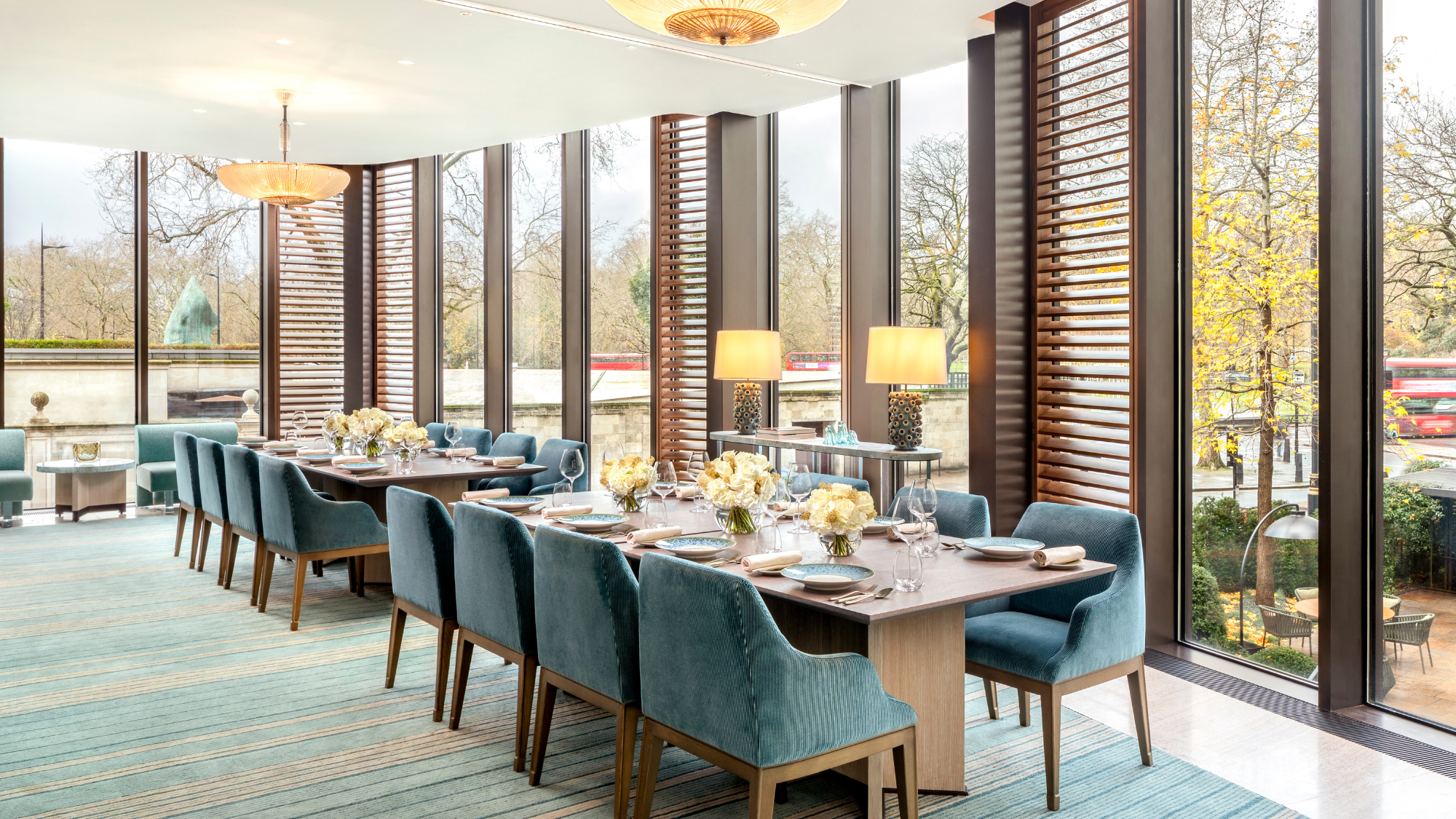 A wide shot of the dining area within Pavyllon London