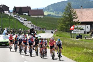 CHAMPAGNE SWITZERLAND JUNE 18 LR Jade Wiel of France and Team FDJSuez Femke De Vries of The Netherlands and Team Visma Lease A Bike Black Points Jersey Katarzyna Niewiadoma of Poland and Team CanyonSram Racing Noemi Ruegg of Switzerland and Team EF EducationCannondale and Mischa Bredewold of The Netherlands and Team SD WorxProtime lead the peloton during the 4th Tour de Suisse Women 2024 Stage 4 a 1275km stage from Champagne to Champagne UCIWWT on June 18 2024 in Champagne Switzerland Photo by Tim de WaeleGetty Images