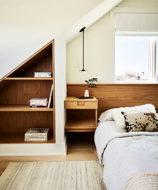 Wooden headboard, shelves and bedside table, hanging light