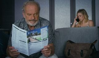 Like Father Kelsey Grammar studies a brochure while Kristen Bell takes a call