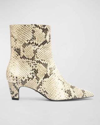 Dellia Snake-Embossed Kitten Ankle Booties