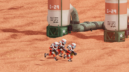 three soldiers runnign across the red martian sands