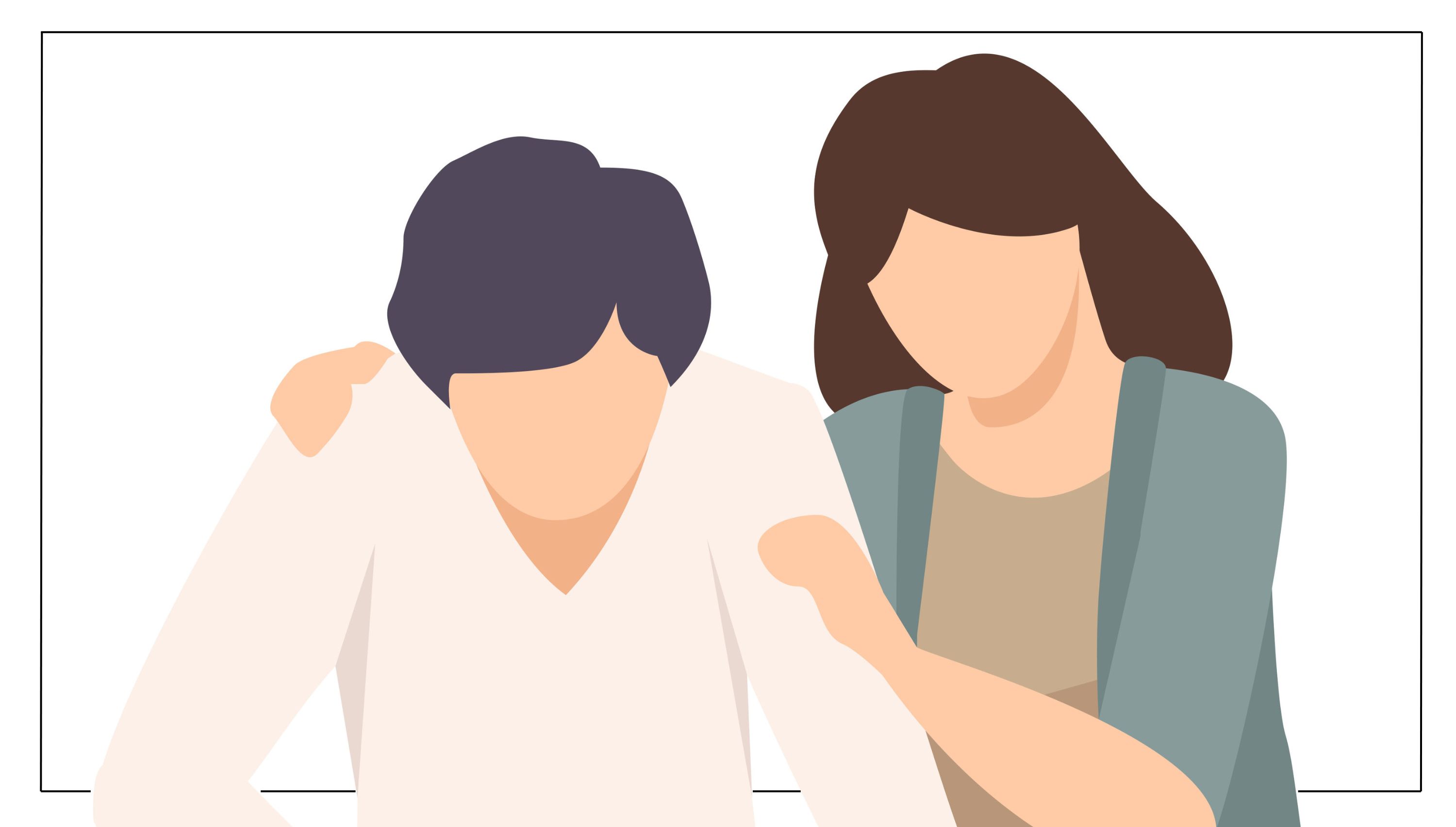 An illustration shows a faceless woman offer comfort to a remorseful faceless man