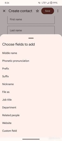 Extra fields for Contacts are tucked into a new submenu that pops in what users choose, reducing clutter.