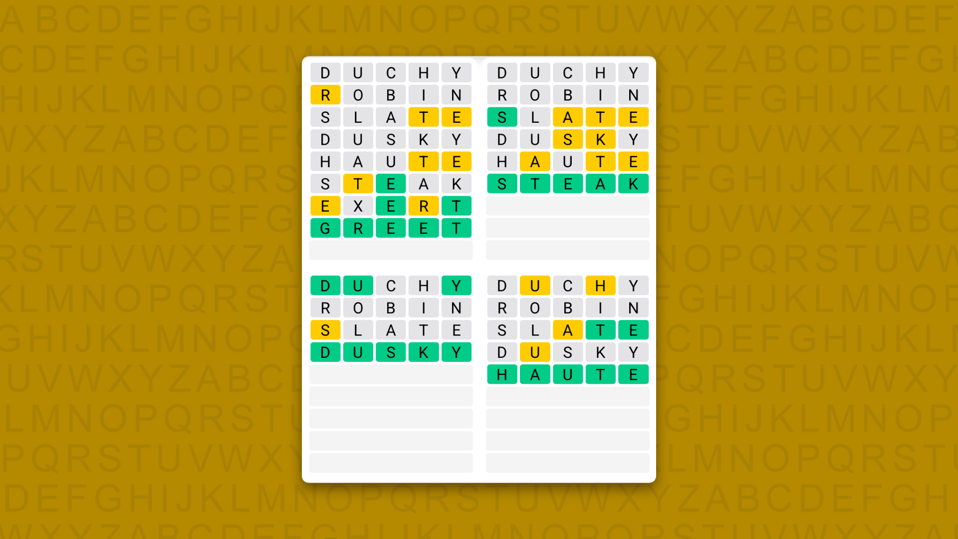 Quordle answers for game 1628 on a yellow background