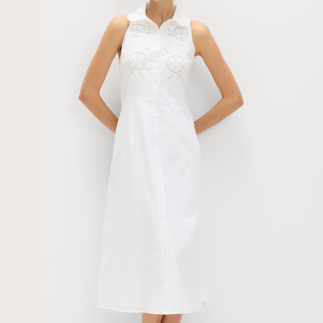 M&amp;amp;S White Linen Rich Broderie Midi Shirt Dress