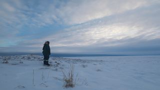 A man in winter clothing stands in an Arctic field with a few pieces of grass poking through the snow