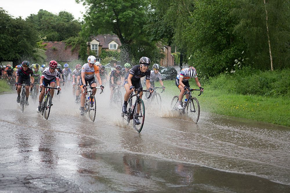 Dani King (GBR) of Wiggle Hi5 Cycling Team leads the chase through the flooded roads during the Aviva Women's Tour 2016 - Stage 2