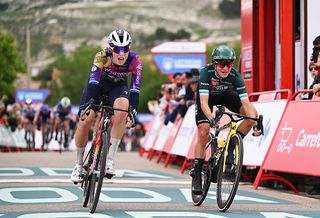 BALTANAS SPAIN MAY 09 LR Mischa Bredewold of Netherlands and Team SD Worx Protime and Marianne Vos of Netherlands and Team Visma Lease a Bike Green points jersey react at finish line during the 11th La Vuelta Femenina 2025 Stage 6 a 1267km stage from Becerril de Campos to Baltanas UCIWT on May 09 2025 in Baltanas Spain Photo by Szymon GruchalskiGetty Images