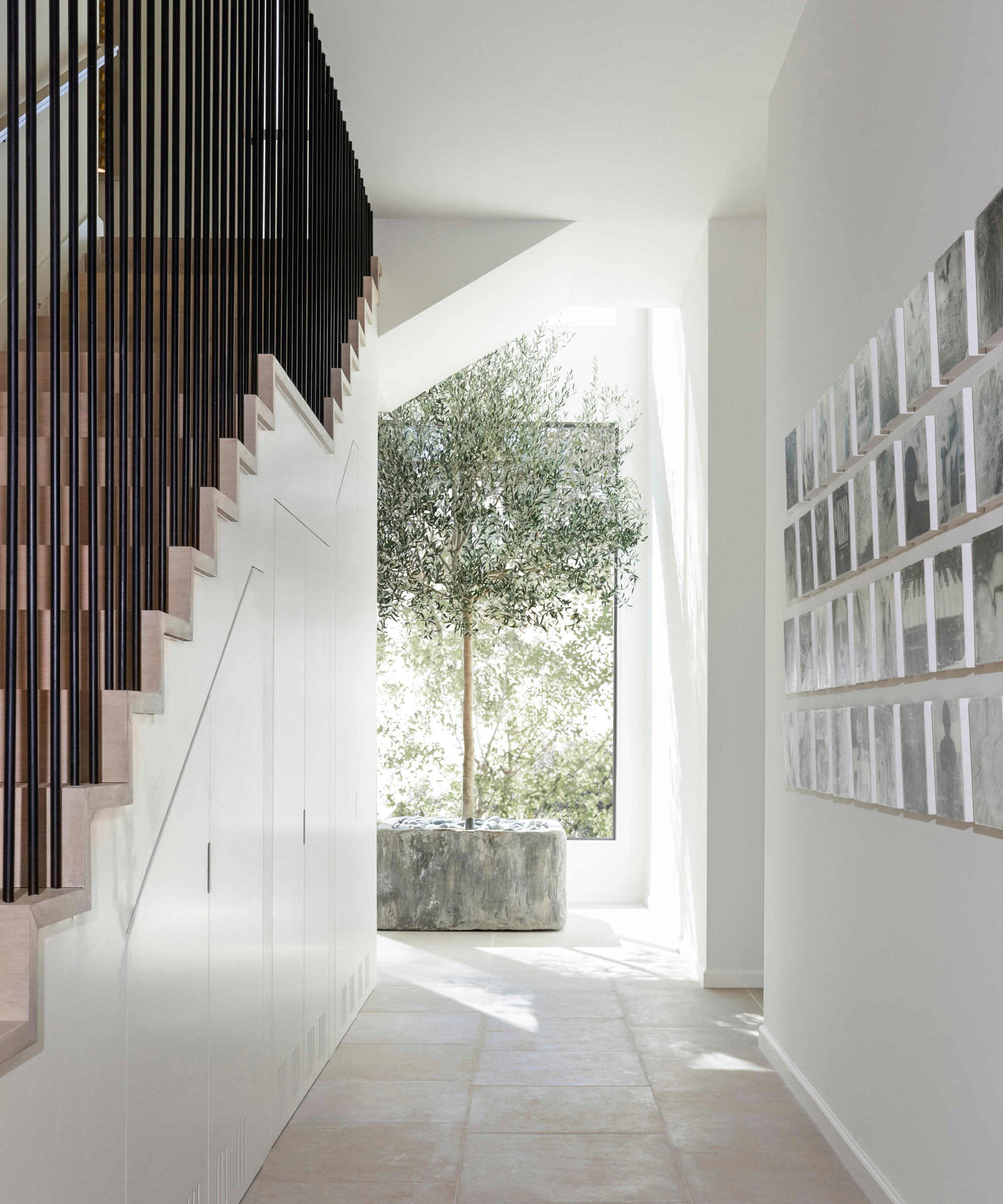 white hallway with wooden bannister and large olive tree in front of a large glass panel