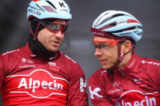 Alexander Kristoff and Tony Martin chatting during the team presentation