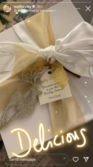 Hayley Atwell's Instagram story post of her Christmas cake from Tom Cruise wrapped up in a box
