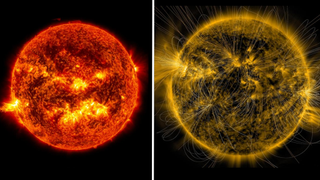 (Left) An image of the sun emitting a bright solar flare (right) the sun's magnetic fields over an image of our star captured by NASA’s Solar Dynamics Observatory