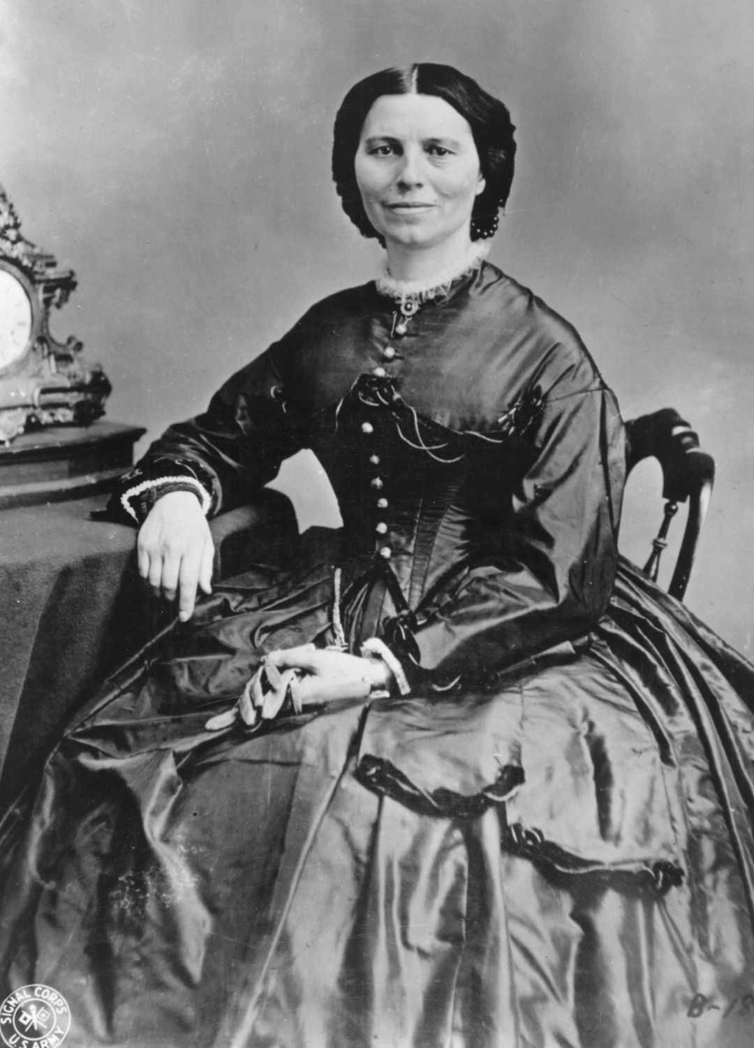 A black and white photograph of Clara Barton