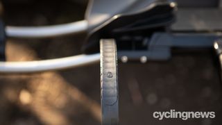 Kuat nv 2.0 2-bike hitch rack detail of rear tyre strap