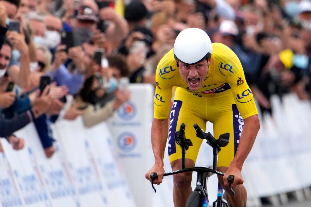 Mathieu van der Poel eyes the clock as he finishes the stage 5 time trial of the 2021 Tour de France