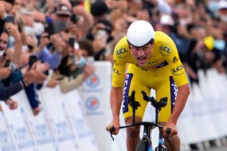 LAVAL ESPACE MAYENNE FRANCE JUNE 30 Mathieu Van Der Poel of The Netherlands and Team AlpecinFenix Yellow Leader Jersey celebrates at arrival during the 108th Tour de France 2021 Stage 5 a 272km Individual Time Trial stage from Chang to Laval Espace Mayenne 90m ITT LeTour TDF2021 on June 30 2021 in Laval Espace Mayenne France Photo by Christophe Ena PoolGetty Images