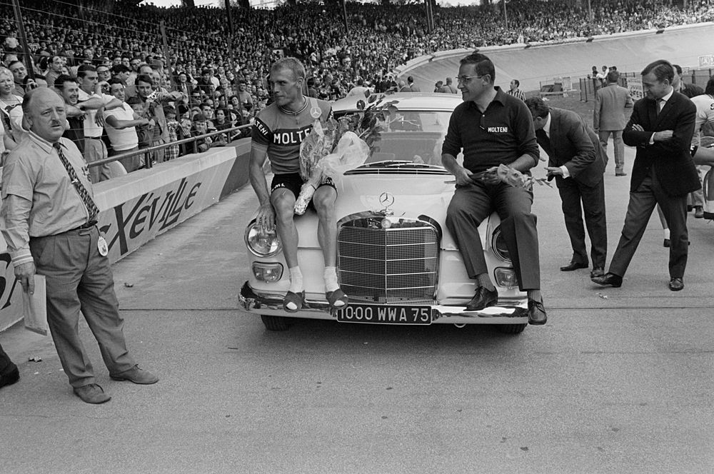 Rudi Altig gets a lap of honour after winning the Tour de France green jersey