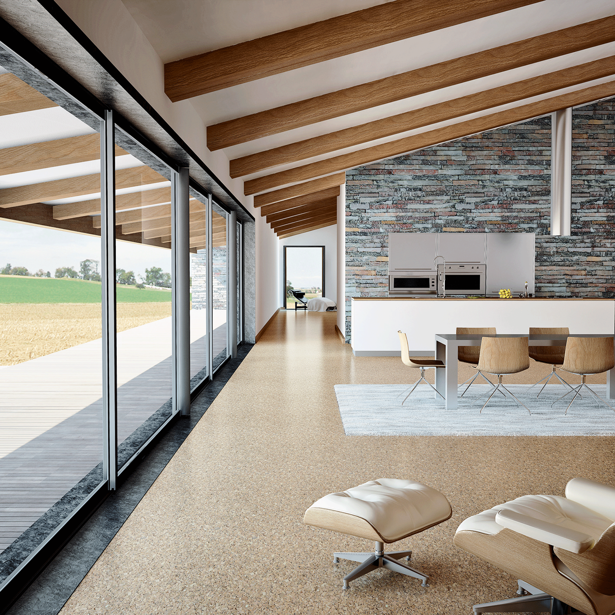 Cork flooring in open plan living room with view to outside