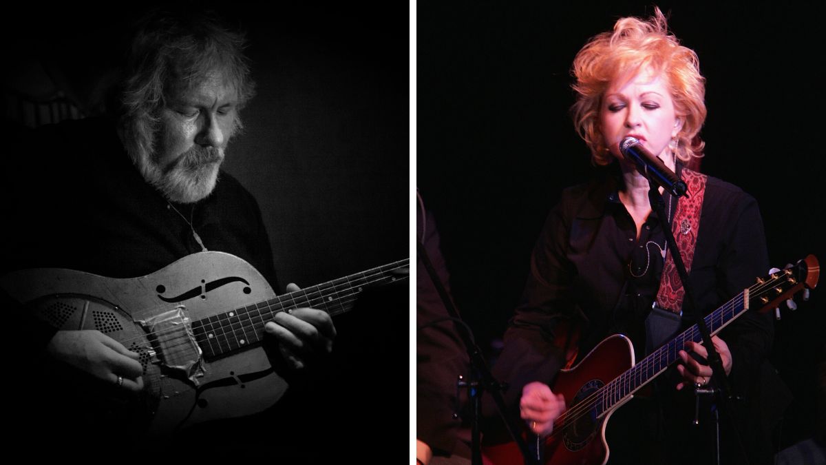 Left-Knox Chandler playing a Gibson Les Paul; Right-Singer Cyndi Lauper performs at the VH1 Save The Music Presents "Songwriters In The Round: Generations 3: The Best of the 80's" at the China Club November 4, 2004 in New York City