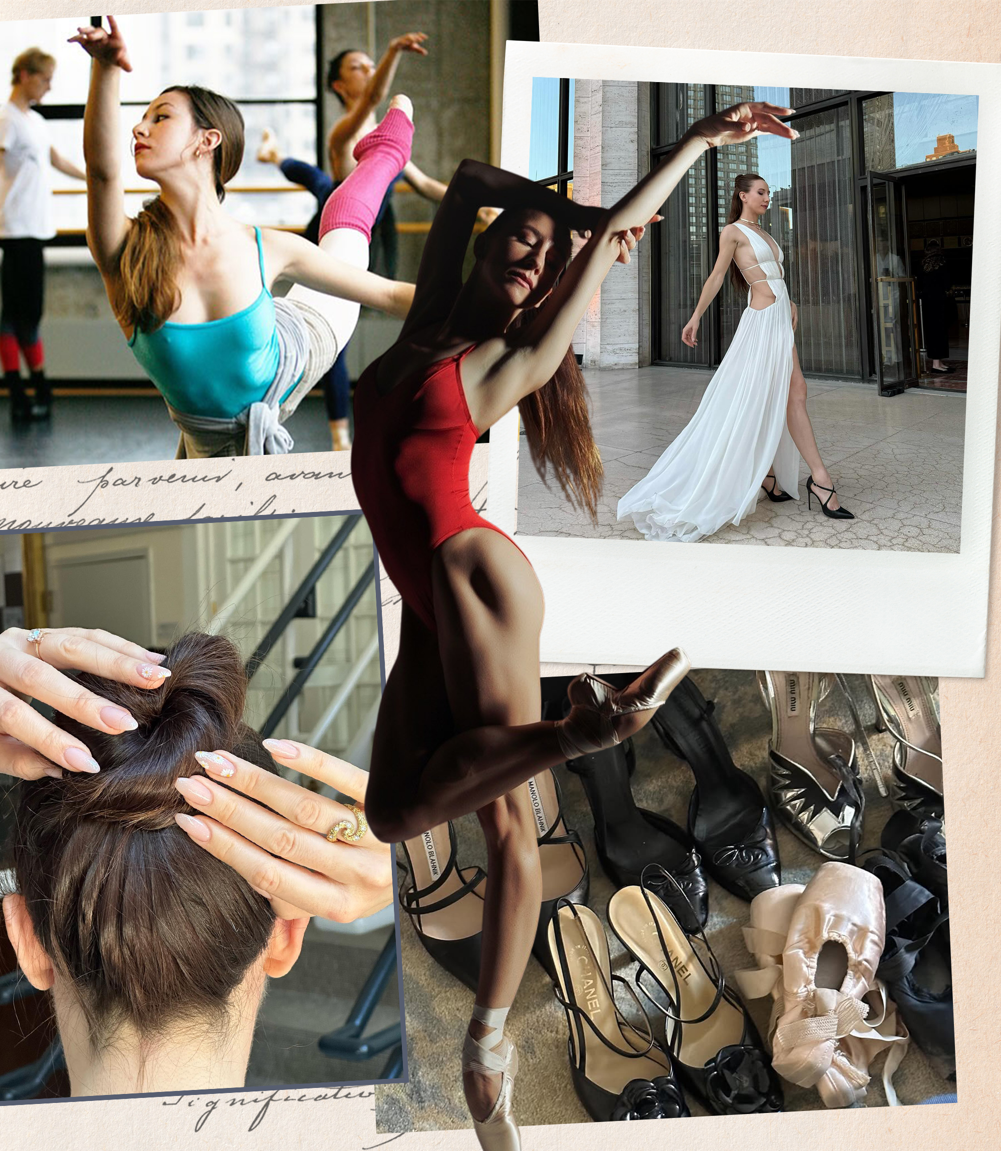 Isabella Boylston photographed posing in a red leotard, taking a ballet class, attending an event, pulling her hair into a bun, and displaying a shoe collection