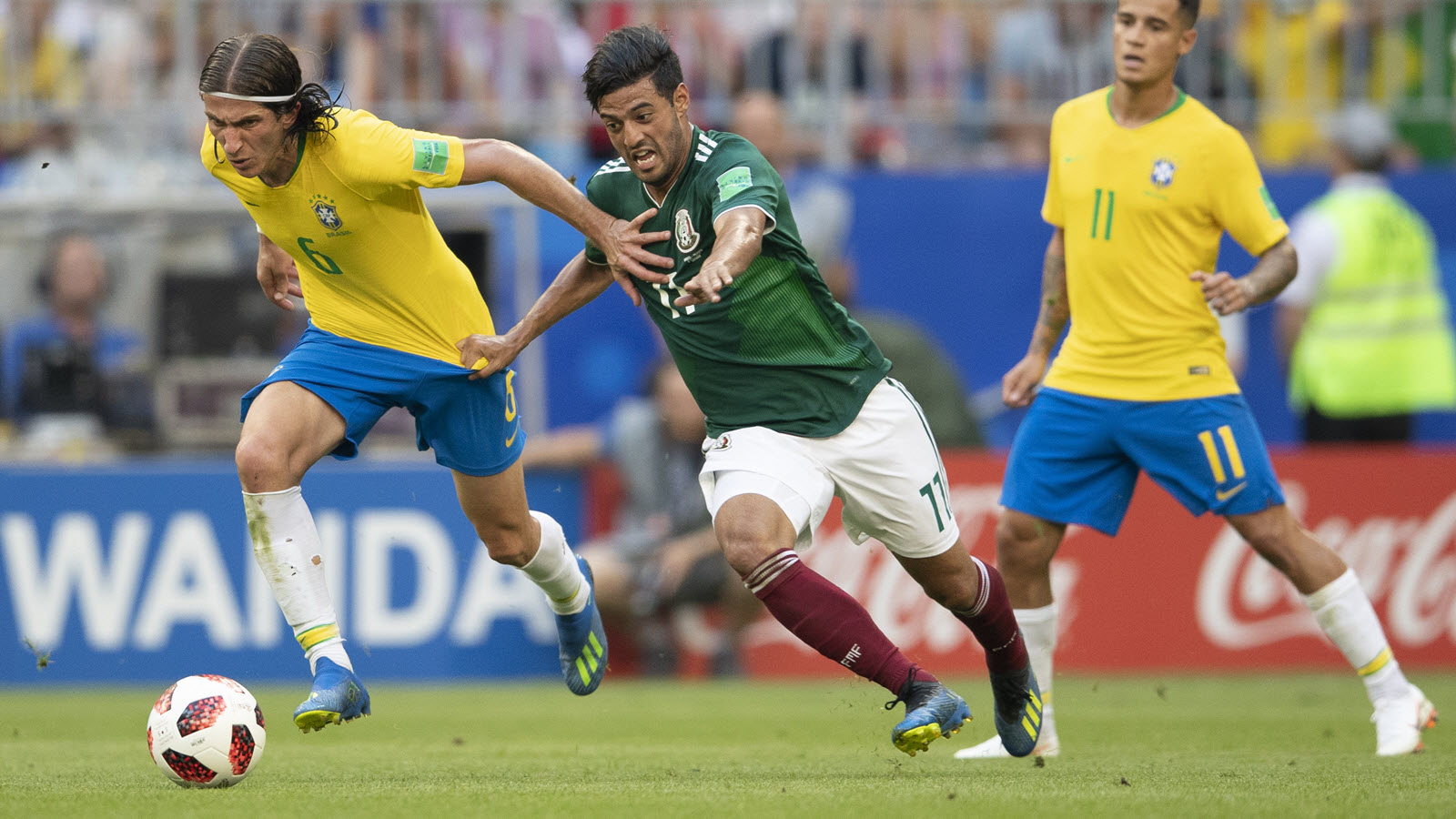 Filipe Luis of Brazil in action during the 2018 FIFA World Cup Russia Round of 16 match between Brazil and Mexico at Samara Arena on July 2, 2018, in Samara, Russia