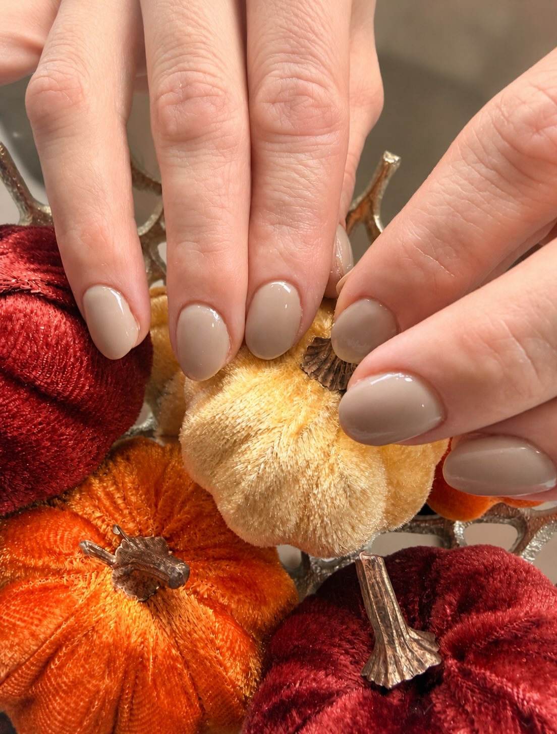 soft beige almond nails against little pumpkins and fall decor