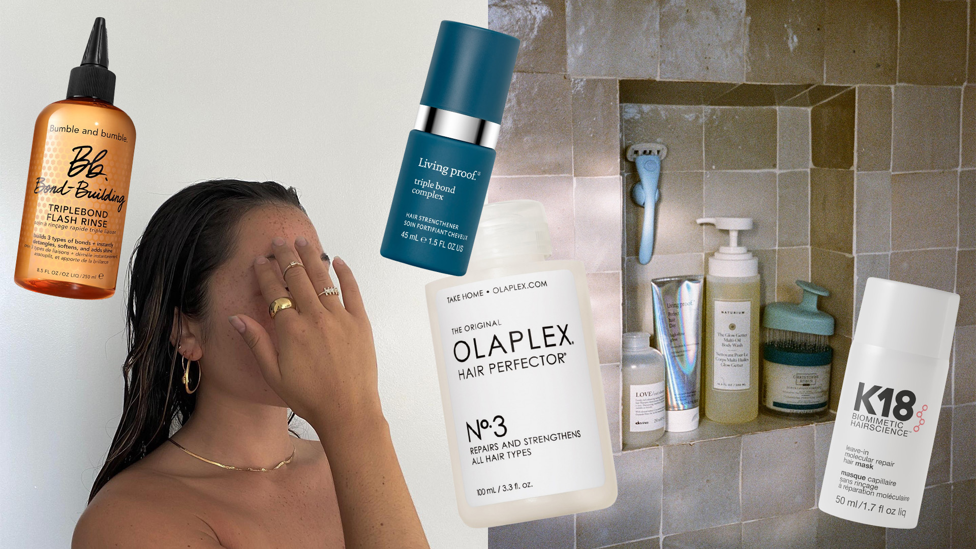 Woman with wet hair and a shower wall with products.