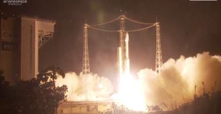 An Arianespace Vega rocket carrying the PRISMA Earth-observation satellite lifts off from Kourou, French Guiana, on March 21, 2019.