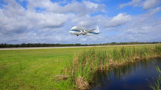 long view of a super guppy, a passenger aircraft with a bubble shape on the top, lifting off from a runway. the sky is blue with lots of clouds. below is a runway and a swamp with reeds