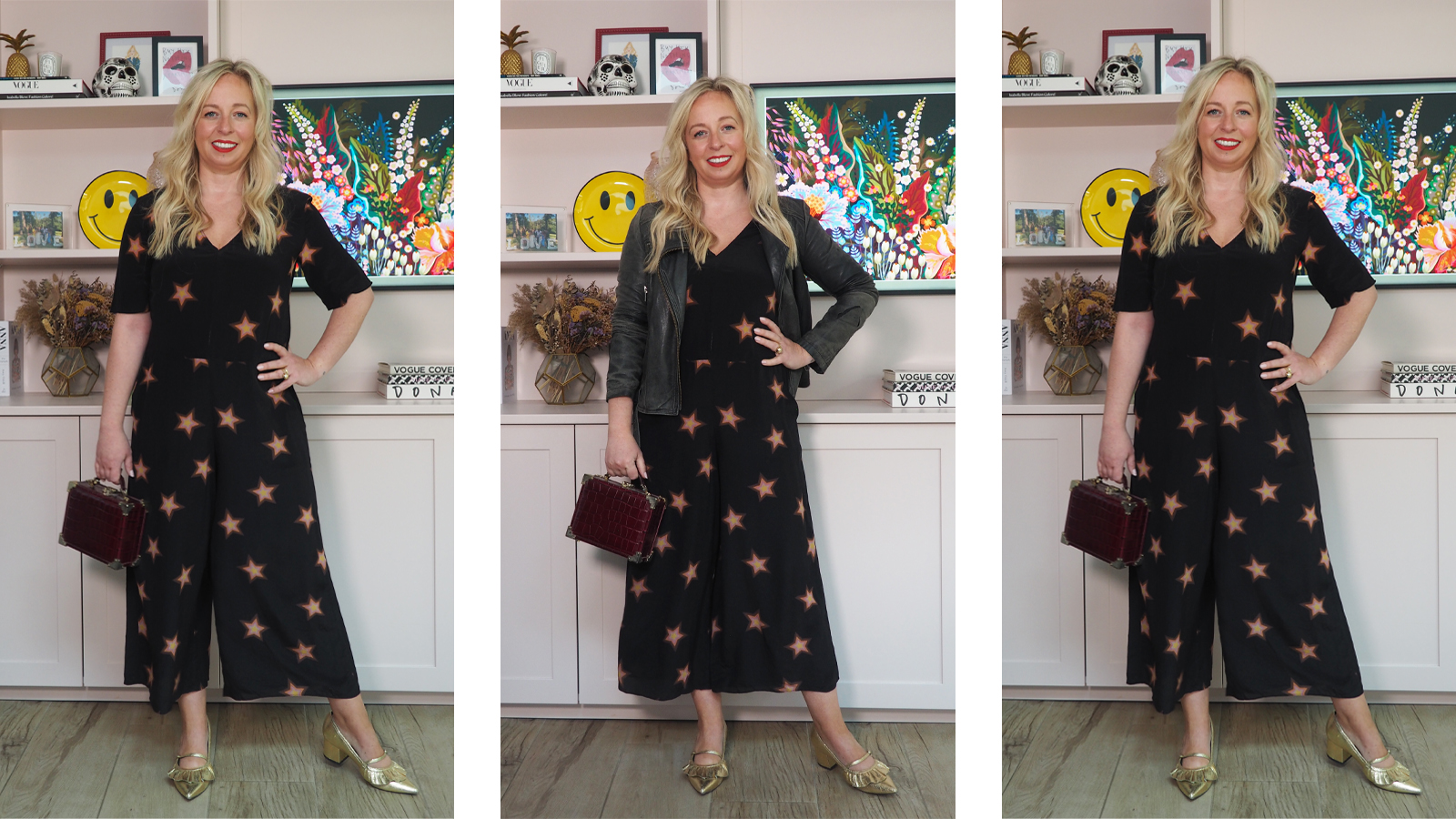composite image of Antonia Kraskowski wearing a star print silk jumpsuit