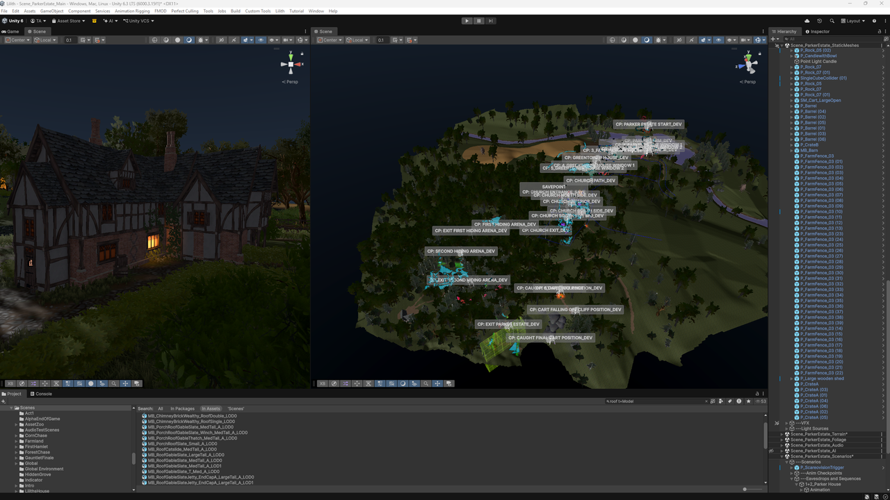Development software screens from a horror game showing a farmland level in the making