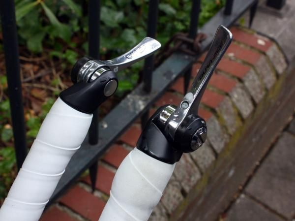 Interestingly, David Millar (Garmin-Transitions) prefers to use straight down tube shift levers instead of the curved ones normally intended for bar-end use.