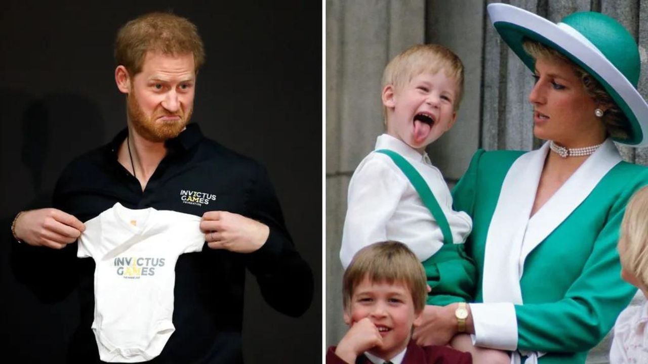 L-R: Prince Harry, and a young Prince Harry in Princess Diana&#039;s arms