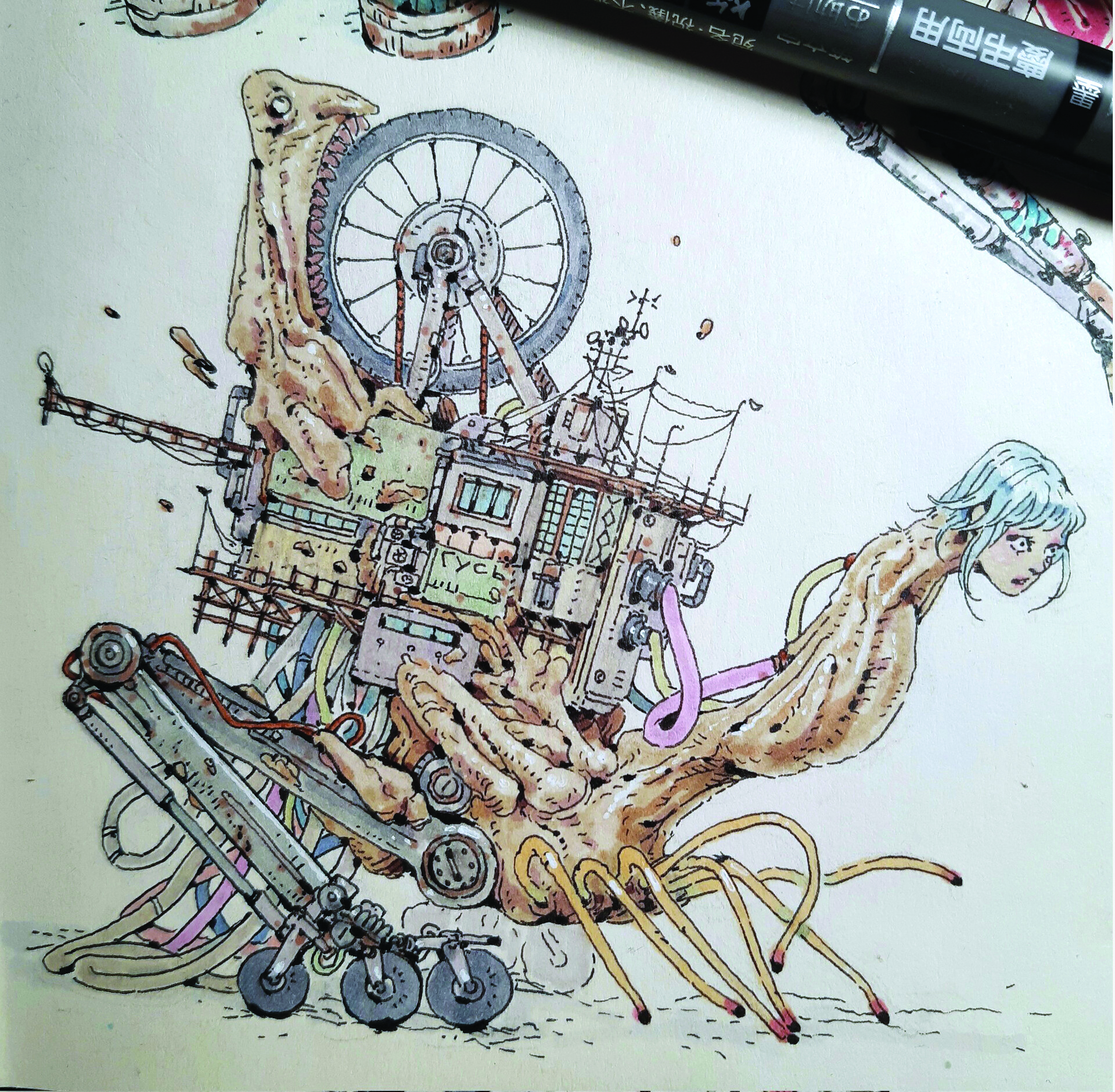 Art that blends organic and artificial mechanical forms