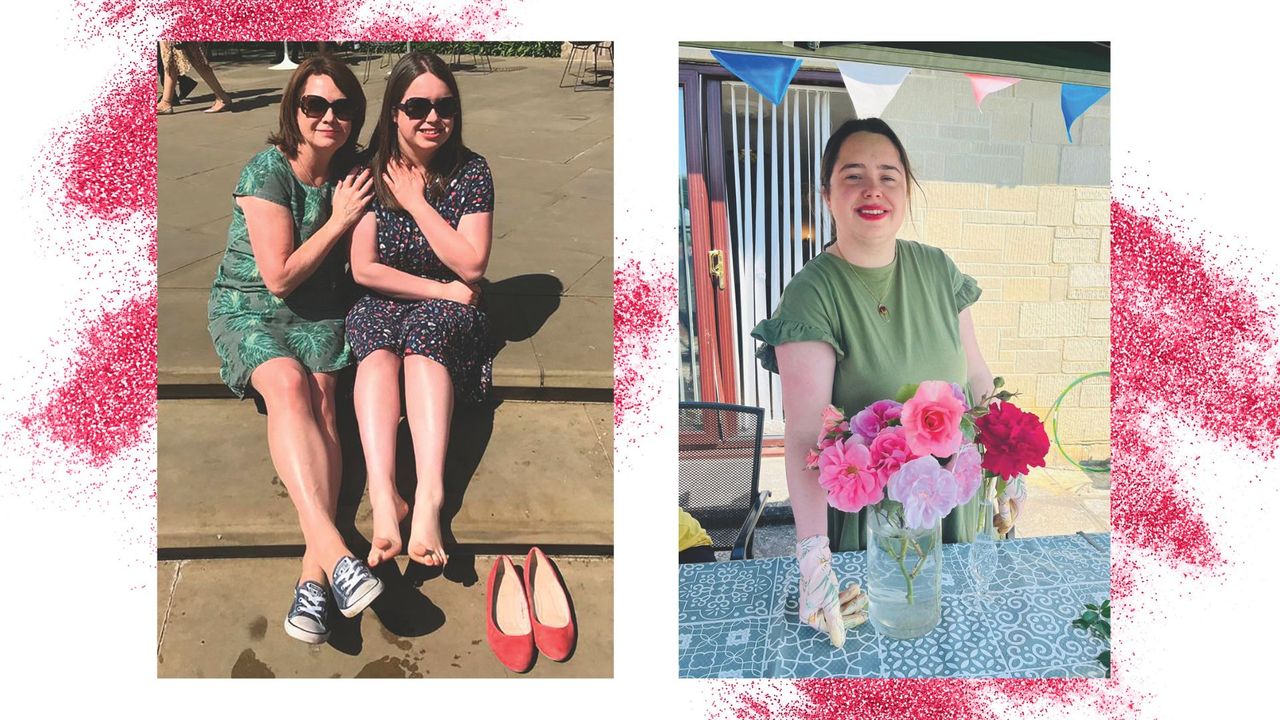 Mother Bridget Wood sits with daughter Lucy, 28, outside on a sunny day in one photo. In another photo, Lucy arranges pink flowers in a vase 