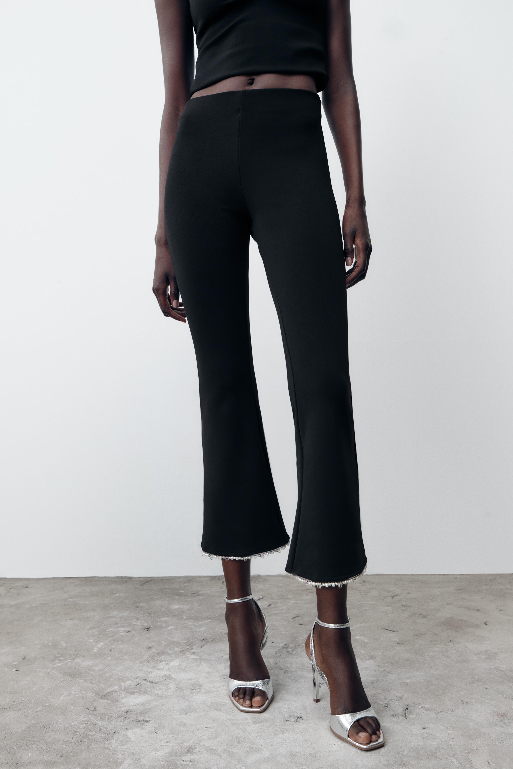 Flare Stretch Trousers With Faux Pearls
