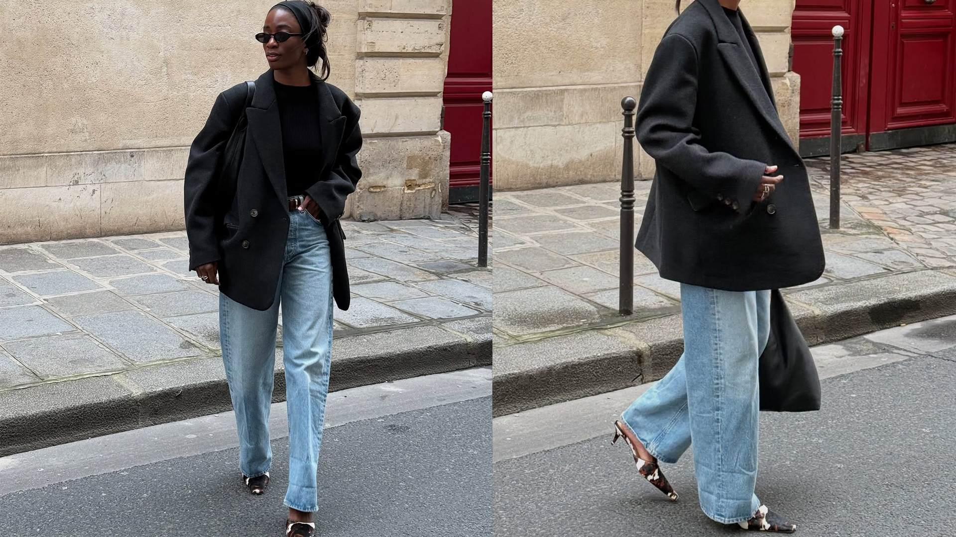 liv wears oversized blazer, jeans, and cow print pointed heels while posing on street in front of a red door