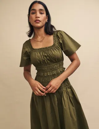 Khaki Shirred Dress